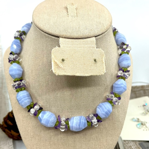 Ross-Simons Jewelry - Ross-Simons Gemstone Cluster Necklace – Blue Agate, Amethyst, Peridot, Quartz